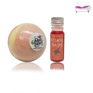 Mali House Duo  Bath Bomb&amp;Foam Bath บาธบอม สบู่ทำฟอง สำหรับแช่ในอ่างและเจลสปา Peach,สีส้ม 150g&amp;20ml.