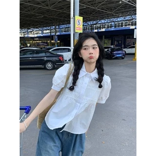 BH Summer เสื้อเชิ้ตแขนสั้นผู้หญิง แขนฟองหลวม