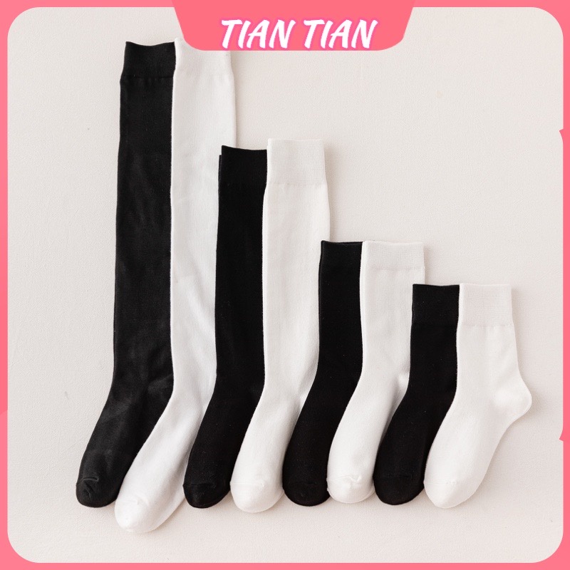 TIAN TIAN T234 ถุงเท้าข้อสั้น ผ้าฝ้ายแท้ ยาวถึงเข่า สีขาว สีดํา สไตล์ญี่ปุ่น เหมาะกับฤดูร้อน สําหรับผู้หญิง