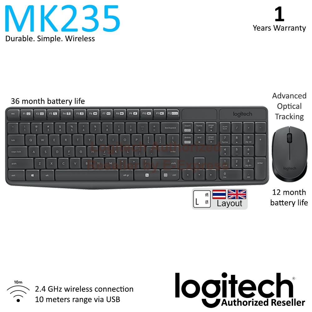 Logitech Wireless Keyboard and Mouse รุ่น MK235 แป้นภาษาไทย/อังกฤษ ของแท้ ประกันศูนย์ 1ปี เมาส์และคีย์บอร์ด ไร้สาย