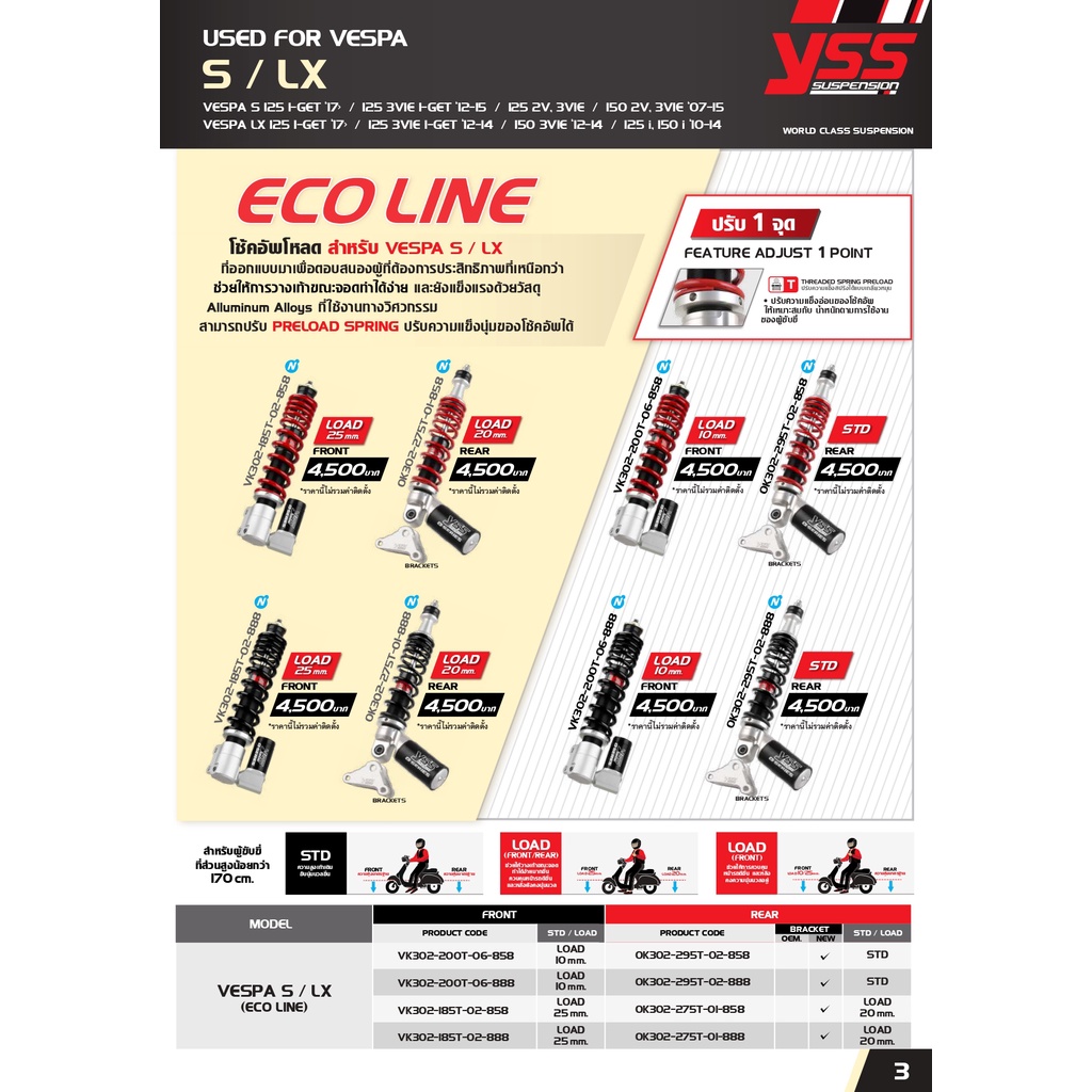โช้ค YSS VESPA-SPRINT S/LX ECO LINE ปรับ2จุด  สปริงแดง-ดำ ราคา4500