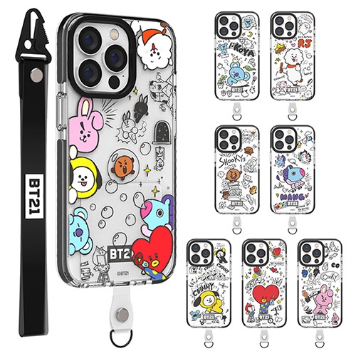 ไอโฟน15◀Bts BT21 Official {IPhone14/13/12/11}}Clear Soft Jelly Phone Case Cover Strap DOODLE