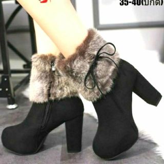 👢พร้อมส่ง ส่งไวมีเก็บเงินปลายทาง รองเท้าบูทเสริมส้นสูง4นิ้ว เสริมส้นหน้าและหลัง รองเท้าบูทหุ้มข้อสีดำบุขนนุ่ม สวยหรู