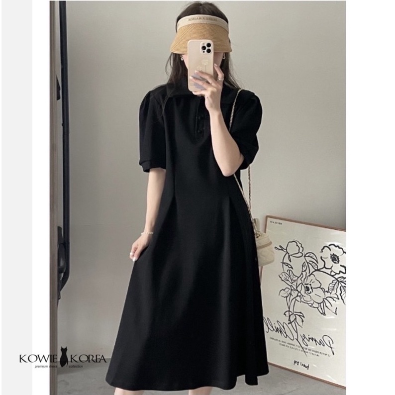 Kowie Korea Balloon ( 247 - BK ) เดรสผ้าอุ่นสีดำคอปก