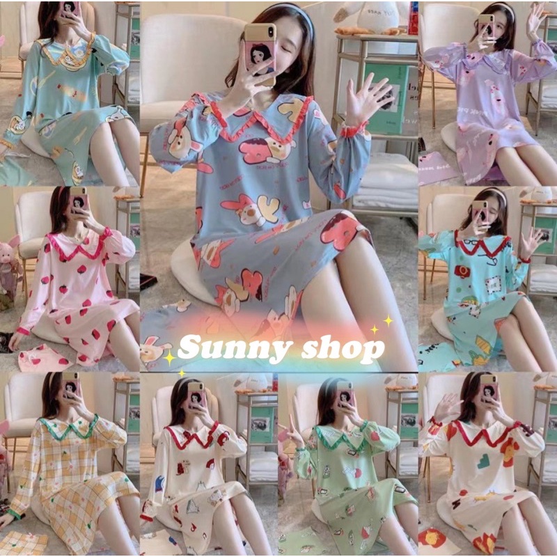 198-พร้อมส่ง ชุดนอนกระโปรงเเขนยาว พิมลาย พร้อมมีผ้าถุงให้ มีไซส์M-XXL กดสั่งเลยค่ะ