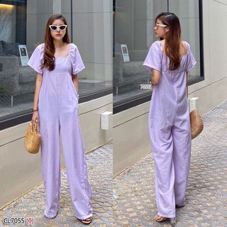 CL7055 (i)Jumpsuit จั๊มสูทขายาว คอเหลี่ยมแขนสั้น มีกระเป๋าสองข้าง มีซิปหลัง เนื้อผ้าลินิน