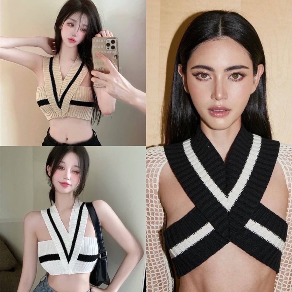 B-006 เสื้อไหมพรม ดีเทลหน้าวี เอวลอย เก๋ๆ เซ็กซี่น่ารัก