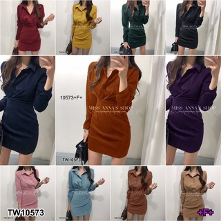 TwinsShopVip💗พร้อมส่ง TW10573 เดรสสั้นคอปกแขนยาวกระโปรงเย็บจีบ Short dress with collar, long sleeves, pleated