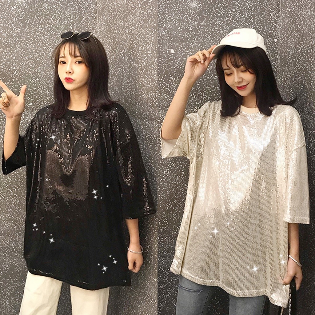 Korean เสื้อยืด คอกลมแขนสั้น แต่งเลื่อมทั้งตัว มีซับใน ทรงโอเวอร์ไซส์