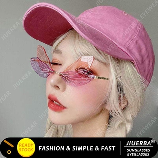 (JIUERBA)COD INS แว่นกันแดด Frameless รูปผีเสื้อสำหรับผู้หญิงสไตล์แฟชั่น Cat Eye Retro Shades สำหรับผู้หญิง