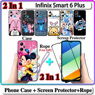 2 IN 1 เคส Infinix Smart 6 Plus พร้อมกระจกนิรภัยกันรอยหน้าจอโค้ง เซรามิค ลาย Stich และ Minnie Serise