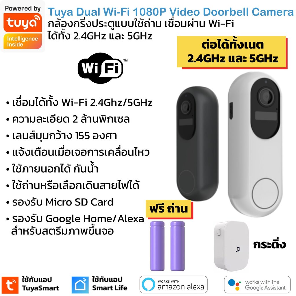 Tuya T31 กล้องกริ่งประตูกันน้ำ Wi-Fi 1080P แบบใช้ถ่านหรือต่อสายไฟ 16-24V สื่อสารสองทาง-Doorbell