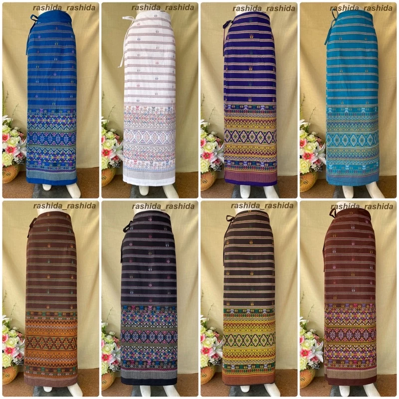 🎼 ผ้าถุงสำเร็จ (สีโทนเย็น) ลายขวาง สีขาว/ฟ้า