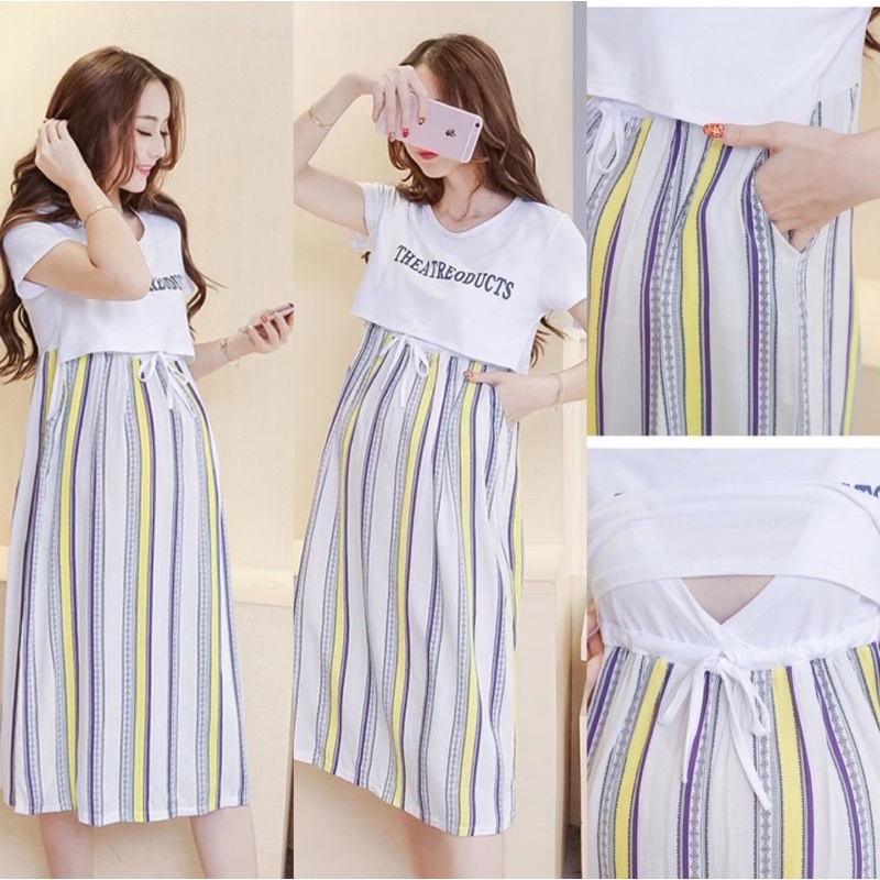 ชุดเดรสให้นมใส่คลุมท้องได้ช่วงบนเป็นผ้ายืด