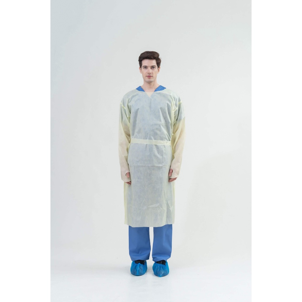 [100 ตัว]dapp Uniform Isolation gown ชุดคลุมป้องกัน ปลอดเชื้อใช้แล้วทิ้ง ชุดห้อง ICU สีเหลือง 22กรัม มาตรฐาน EN14126