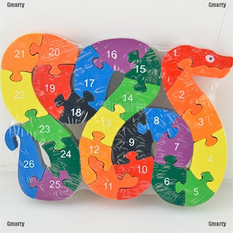 26pcs Alphabet Wooden Puzzle Jigsaw Kids Number Block Preschool Snake Toy JS