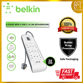 Belkin ซ็อกเก็ตขยาย 6 ปลั๊ก พร้อม USB 2.1A (2 เมตร) BSV604SA2M