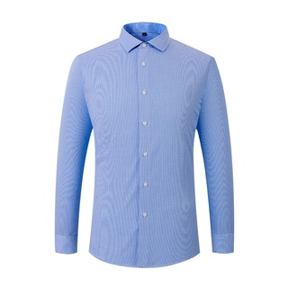 KINGMAN Original business dress shirt mens Blue fine grid เสื้อเชิ้ตสั่งตัด เสื้อเชิ้ตแขนยาว เสื้อเชิ้ตคอปก