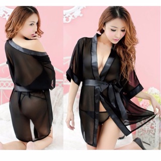 😘👙เซ็ทเสื้อคลุมชุดนอนผ้าซีทรูใส่สบาย&gt;&gt;Black💕