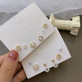 925 Silver Needle Retro Mini Pearl Opal Earrings Set Minimalist Geometric Piercing Cartilage Earrings