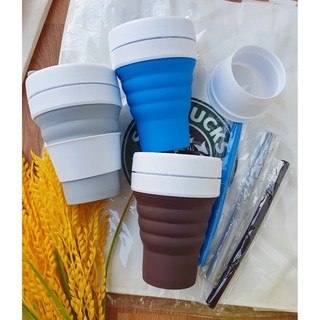 แก้วน้ำซิลิโคนพับได้ SILICONE POCKET CUP ขนาด12oz. /355ml BPA FREE 100% ปลอดภัยไร้สาร ได้รับมาตรฐาน (พร้อมหลอดซิลิโคนพับ