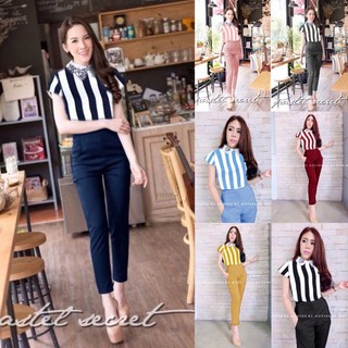 GN13117 **รบกวนสอบถามstockก่อนสั่งซื้อจ้า** Set 2 ชิ้น เสื้อลายทางสกรีนปกดอกไม้+กางเกงขายาว