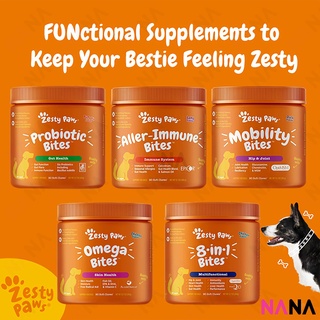 Zesty Paws Premium Quality Cat and Dog Supplements Bites Soft Chews (8-in-1 Multifunctional, Senior Dogs Advanced 11-in-1, Aller-Immune, Probiotic, Calming, Mobility, Omega, Salmon, Cranberry Bladder, Stay Green, Salmon Oil, Hairball &amp; Calming for Cats)