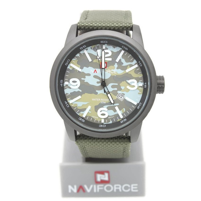 NaviForce นาฬิกาทหาร สายผ้า Nano สีเขียว หน้าปัดลายพลาง มีวันที่-NF0001 (Green)