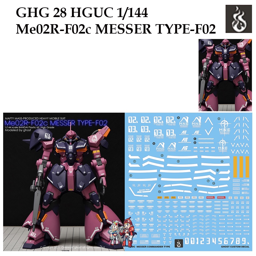 ดีคอลน้ำ [Ghost] HG 28 s HGUC 1/144 MESSER COMMANDER TYPE Me02R-FO2c -F02 Fluorescent WATER DECAL GH