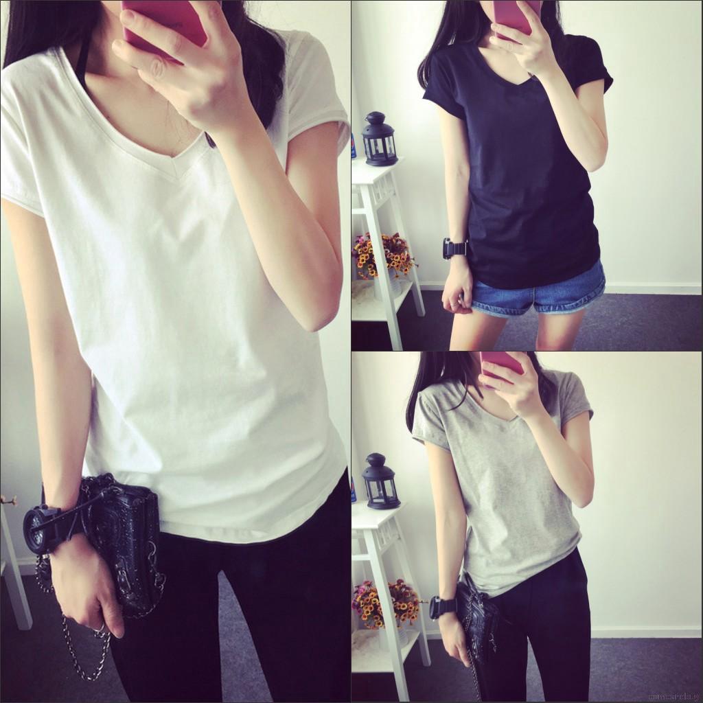 🌱Comeandbuy🙋เสื้อยืดคอวีลำลองพอดีตัวสำหรับผู้หญิง