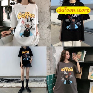 AKIFOON 🌷พร้อมส่ง🌷เสื้อยืด oversized เสื้อคู่ วินเทจ เสื้อยืดแขนสั้นแฟชั่นสไตล์เกาหลีสกรีนลายการ์ตูน ไซส์ใหญ่ลายการ์ตูน