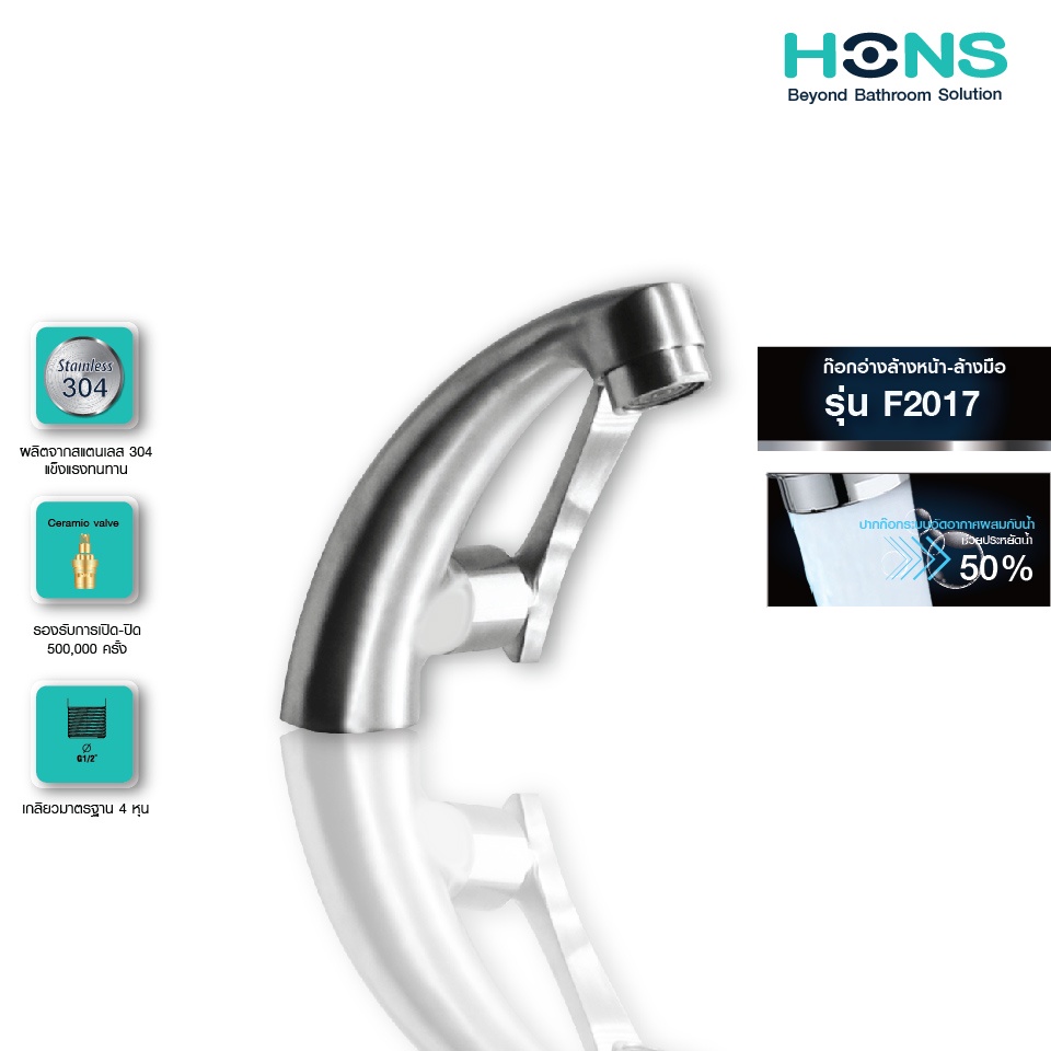 ซื้อ 1 แถม 1 HONS Bathroom ก๊อกอ่างล้างหน้า-ล้างมือ เดี่ยว รุ่น F2017 สแตนเลส อุปกรณ์ครบชุด รับประกันสินค้า 5 ปี