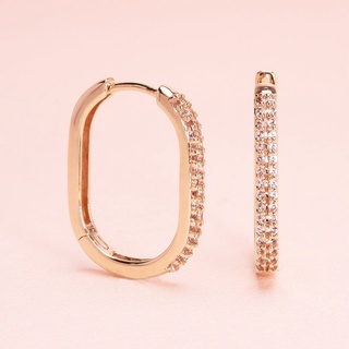 Grace Fine Jewelry ต่างหูห่วงทองแท้ 9K Rectangle Pave  With White Sapphire Big size