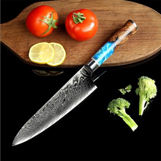 มีดเชฟ มีดทำครัว มีดเชฟญี่ปุ่น 8" Damascus VG10 Steel Chef Knife ด้ามกลมไม้แท้ (Olive Wood) + เรซิ่น