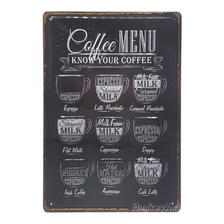 ป้ายสังกะสีวินเทจ Know Your Coffee Menu (ปั๊มนูน)