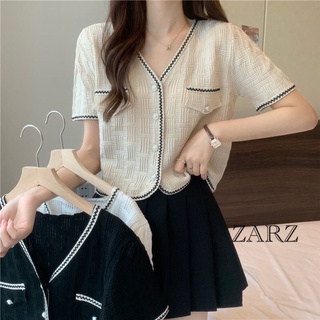 ZARZ.SHOP🍑พร้อมส่ง*เสื้อถักคอวีกระดูม หรูหราแพงมากจ้าแม่H318