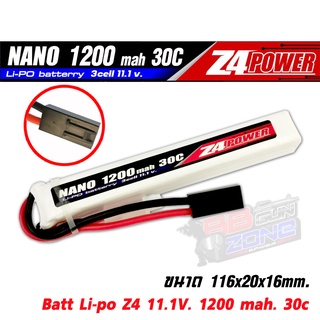 แบตลิโพZ4Power 11.1V 1200 mAh 30C Li-po ปลั๊กทามิย่า ใส่แกนพานท้าย เหมาะกับปืนที่ใส่บอร์ด และปืนทุกชนิด