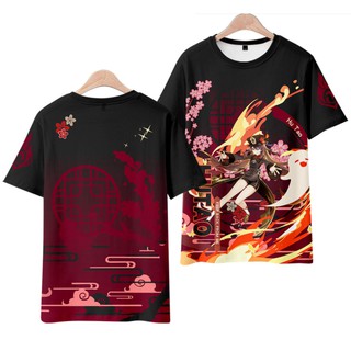 ใหม่ เสื้อยืดแขนสั้นลําลอง พิมพ์ลายอนิเมะ Genshin Impact Hutao 3D ทรงหลวม สําหรับผู้ชาย และผู้หญิง