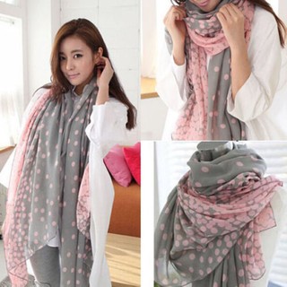 scarf chiffon-P04-BLACK-PINK ผ้าพันคอ ผ้าคลุมไหล่ลายจุด