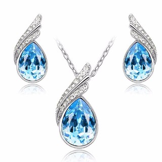S32-สร้อยคอและต่างหูเข้าเซต รูปหยดน้ำ (สีฟ้า) Necklace/earring-Designblue