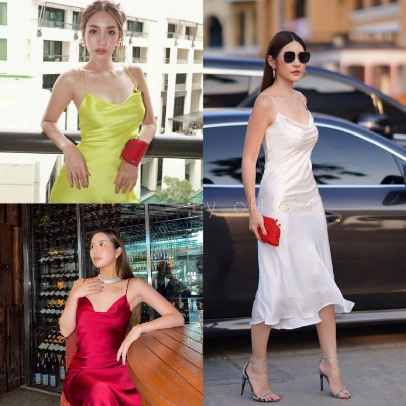 Ey_official​#005#พร้อมส่งกดสั่งได้เลยค่ะชุดเดรสสายเดียวผ้าซาตินเนื้อผ้านุ่มลื่นดูดีมีสไตล์