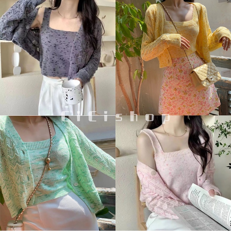 Cicishop(SALE/สุ่มสี Z8831)สายเดี่ยวไหมพรม+เสื้อคลุม ไหมพรมknitเทกเจอร์ลาย สไตล์เกาหลี