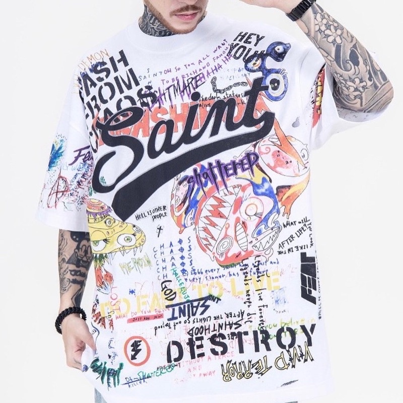 Spenzer.street | saint dirty tee โอเวอร์ไซส์ เสื้อผ้าสตรีท อปป้า เกาหลี y2k ทราวิส 2pac ฮิต 2022 มาใหม่