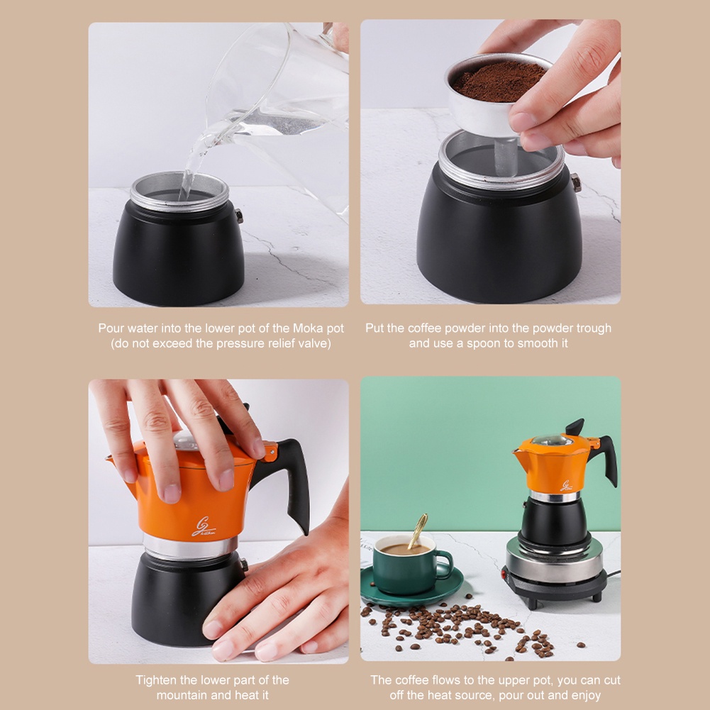 3/6Cup Moka Pot กาต้มกาแฟสดพกพา หม้อต้มกาแฟ ทรงแปดเหลี่ยม (ด้ามจับเป็นพลาสติกลายไม้)  150/300ML