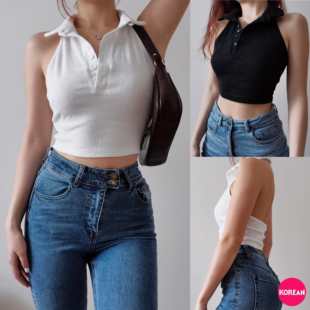 Korean Fashion เสื้อครอปคอปกแขนกุด เปิดหลัง 2 สี