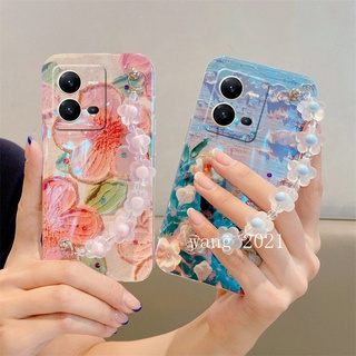 เคสโทรศัพท์ New Casing VIVO V25 V25e V25 Pro 5G Y35 2022 เคส Vintage Premium Blu-ray Rhinestone Oil Painting Flower Phone Case with Bracelet Soft Case