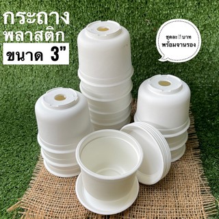 กระถางพลาสติกสีขาว ขนาด 3 นิ้ว พร้อมจานรอง (สั่งซื้อขั้นต่ำ 3 ชุด)