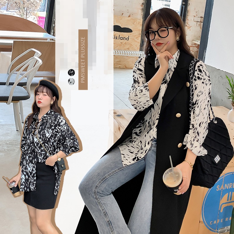 [ อกถึง 55" ] : PMP0190 : พร้อมส่ง เสื้อผ้าไซส์ใหญ่ เสื้อเชิ้ตทำงานคนอ้วน ชีฟองสาวอวบ ลายกราฟฟิก