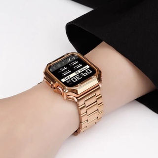 💞Hot sale💞เหมาะสำหรับสาย Apple Watch iWatch7 เคสโลหะ 654 เข็มขัดสแตนเลส เคสป้องกันชิ้นเดียวสำหรับผู้ชายและผู้หญิง SE