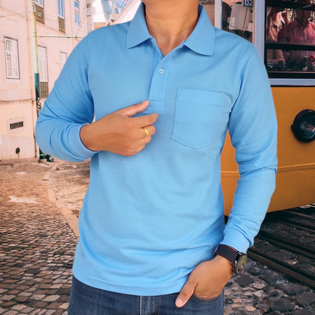 เสื้อโปโลแขนยาว ผู้ชาย สีกรม มีกระเป๋าอกข้างซ้าย งานตัดเย็บคุณภาพเยี่ยม เกรดพรีเมี่ยม
